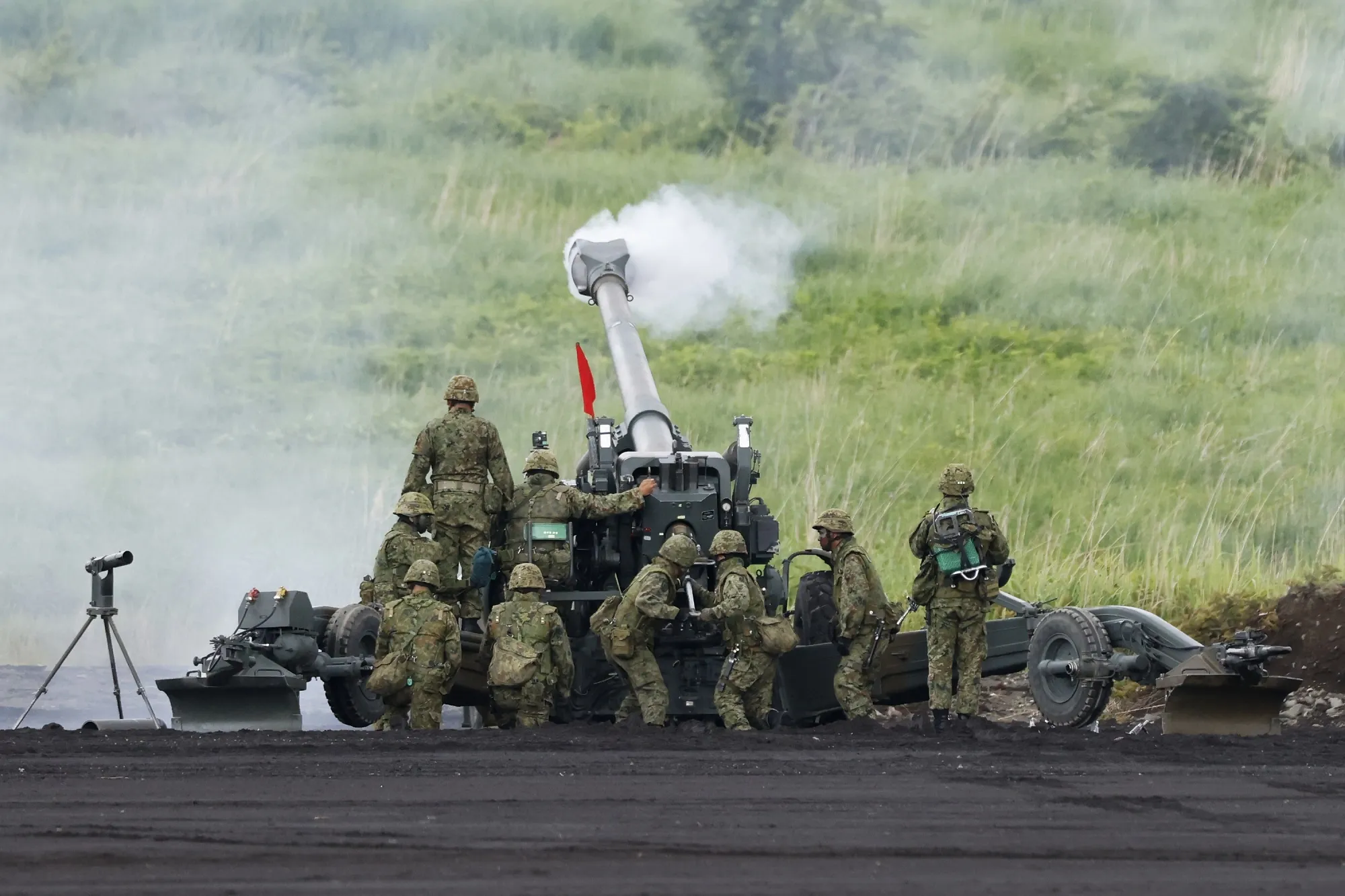 A live fire exercise at the Japan Ground Self-Defense Force training grounds in Gotemba, Shizuoka Prefecture, in 2024.