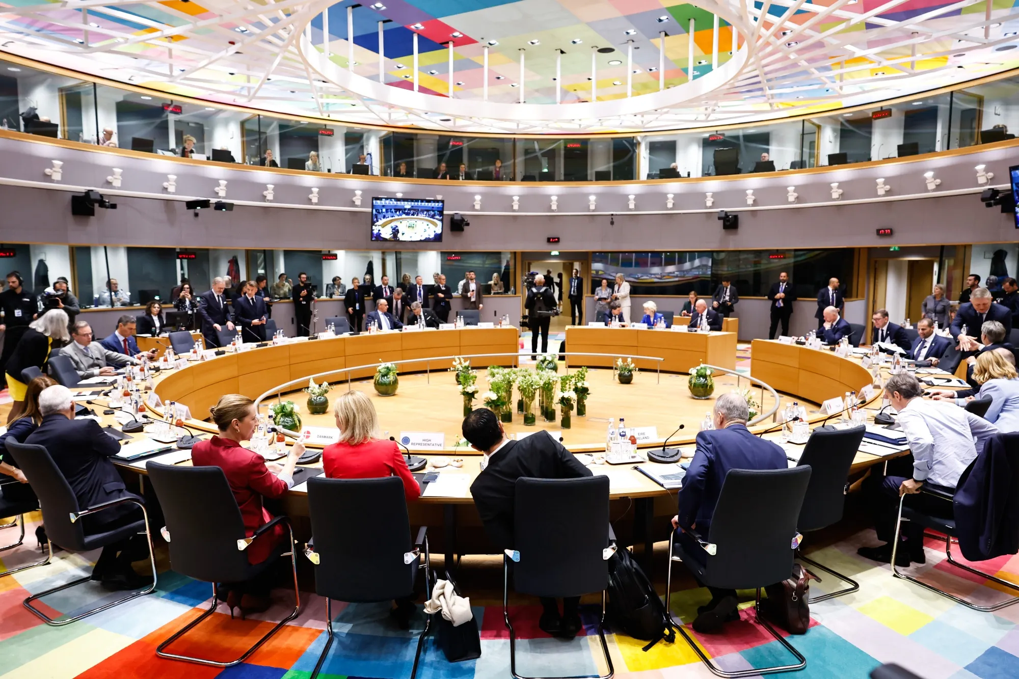 Leaders from EU&nbsp;countries at a roundtable meeting at a European Council meeting in Brussels.