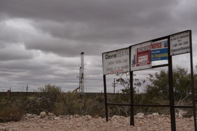 Signage is displayed in front of a horizontal drilling rig on federal land in Lea County, New Mexico, U.S., on Thursday, Sept. 10, 2020.  