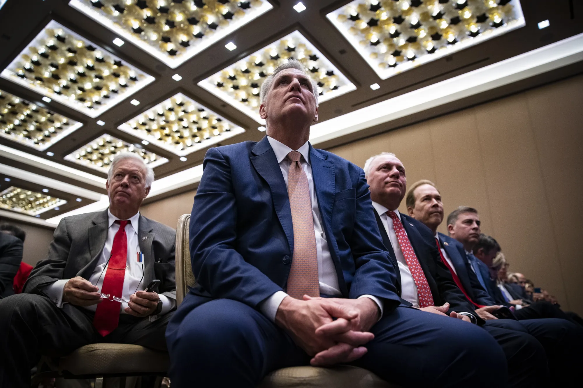 US House Minority Leader Kevin McCarthy, a Republican from California, center, during the America First Policy Institute's America First Agenda Summit in Washington.