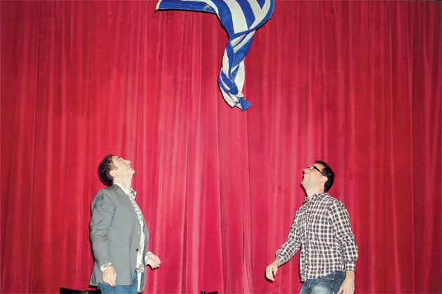 Founders Jon “Pep” Rosenfeld (left) and Andrew Moskos launch into “Greece: the Musical” ... and sing your favorite crisis-related hits, like “Hopelessly Indebted to EU!”