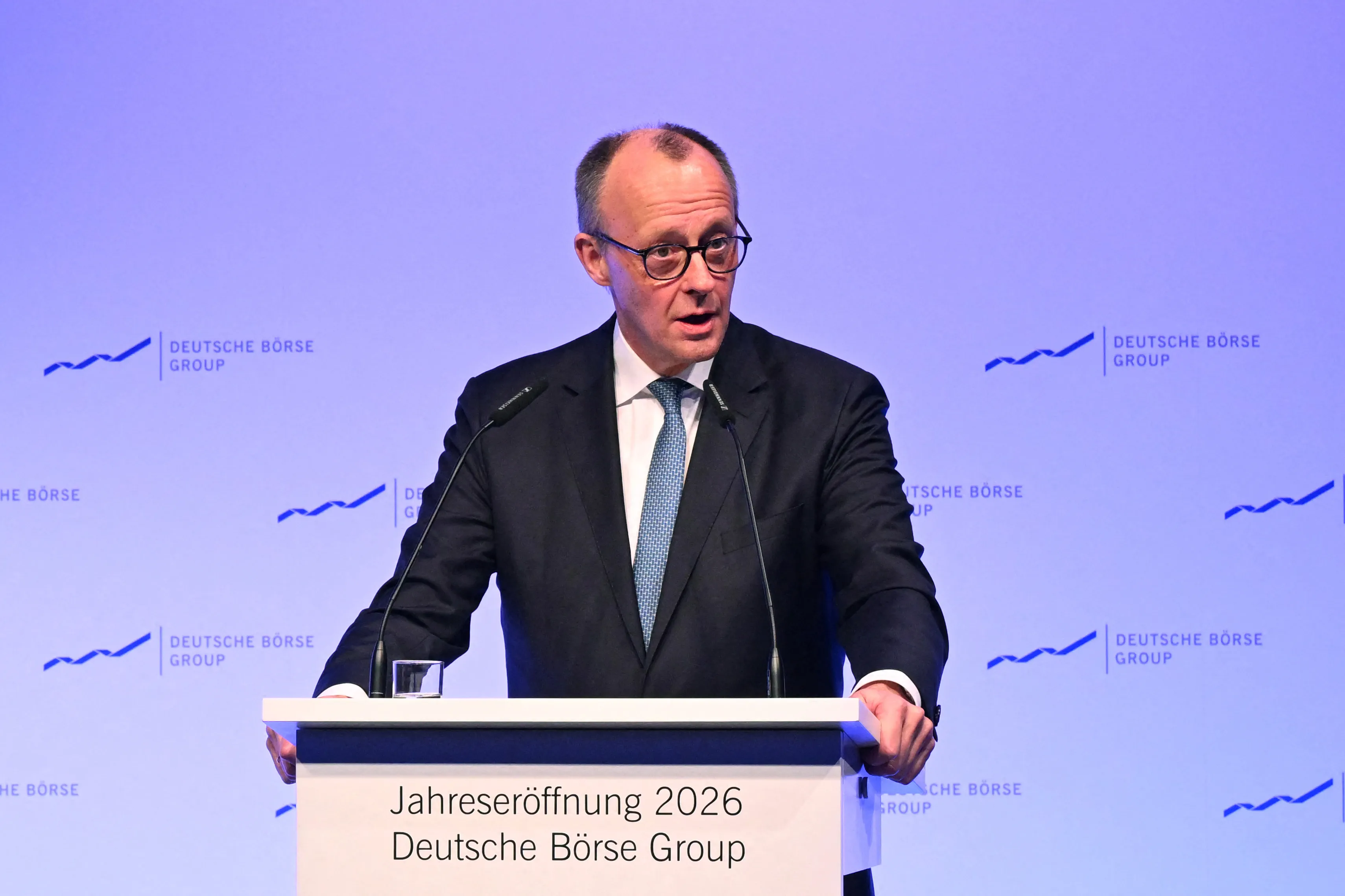 German Chancellor Friedrich Merz delivers a speech at the annual reception of the stock exchange operator Deutsche Boerse in Eschborn, Germany, on Feb. 2.