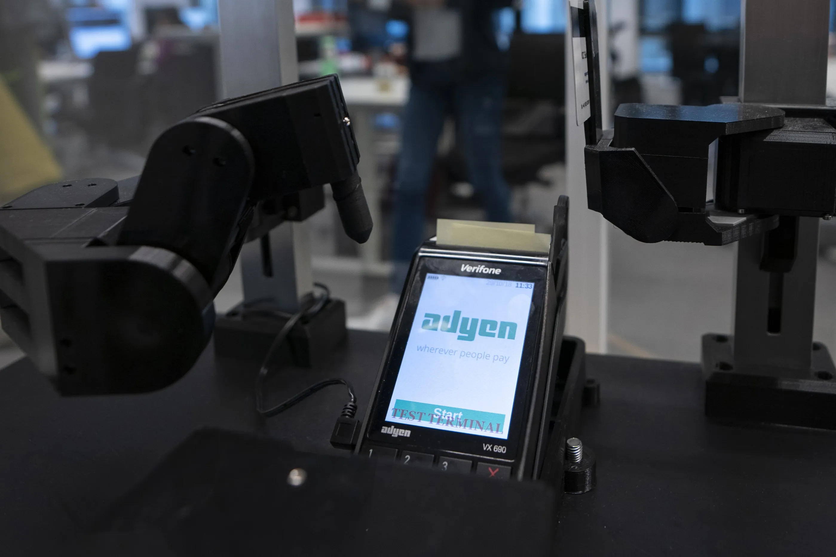 A contactless payment processing device in the Adyen headquarters in Amsterdam, Netherlands.