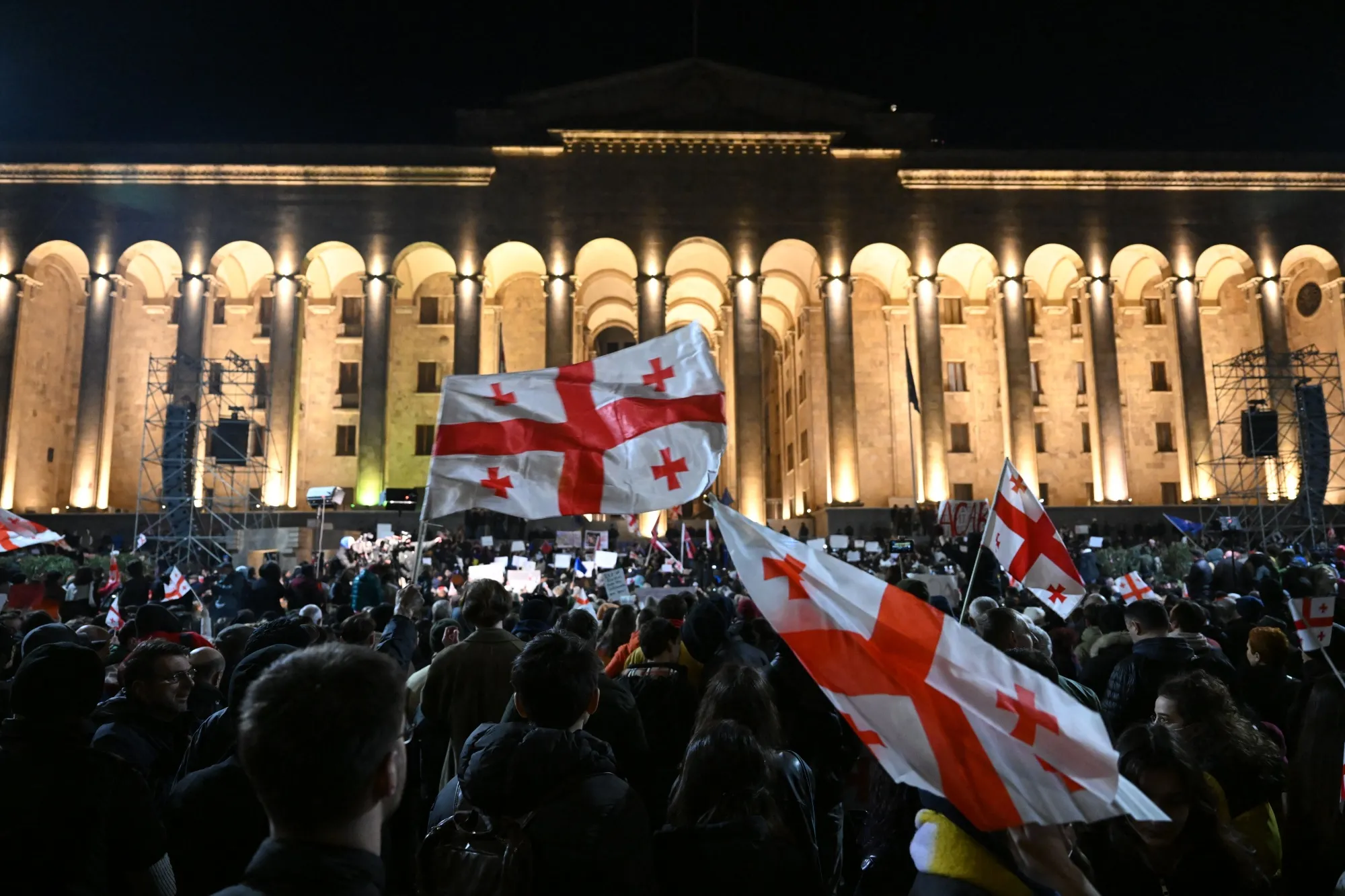 Georgian opposition supporters rally outside the parliament to protest the “foreign agents” bill in Tbilisi in March&nbsp;2023.&nbsp;