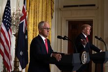 U.S. President Donald Trump (R) and Australian Prime Minister Malcolm Turnbull (L) participate in a joint news conference in the East Room of the White House February 23, 2018 in Washington, DC. Prime Minister Turnbull is on a visit in Washington and he had an Oval Office meeting with President Trump to discuss a bilateral agenda.