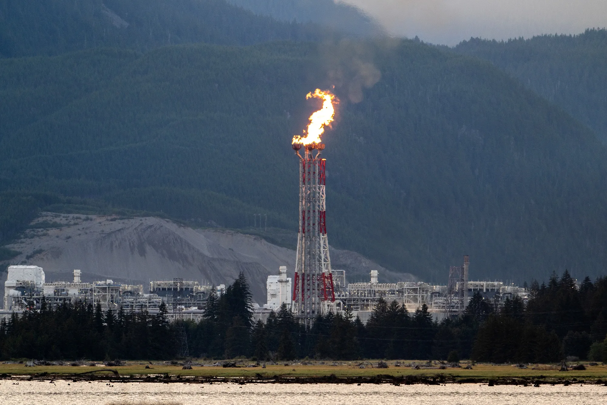 A flare stack at the LNG Canada facility in Kitimat, British Columbia, Canada.