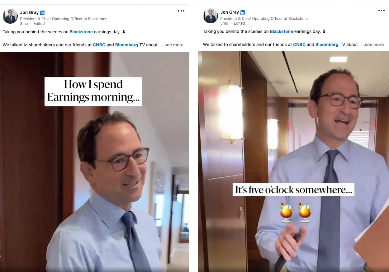 Jon Gray’s LinkedIn post on earnings day.