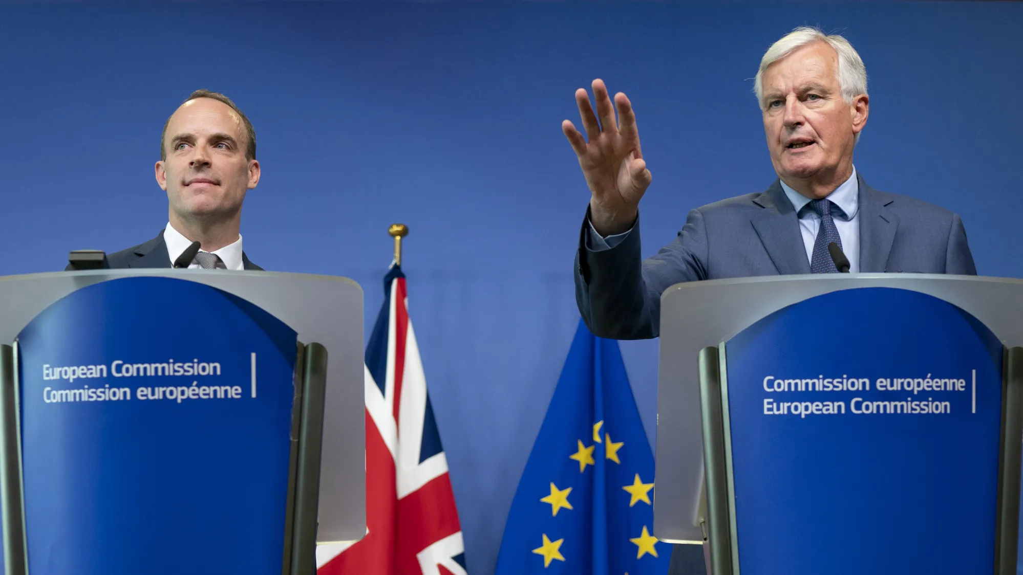 Dominic Raab and Michel Barnier&nbsp;in Brussels&nbsp;on Aug. 31.&nbsp;