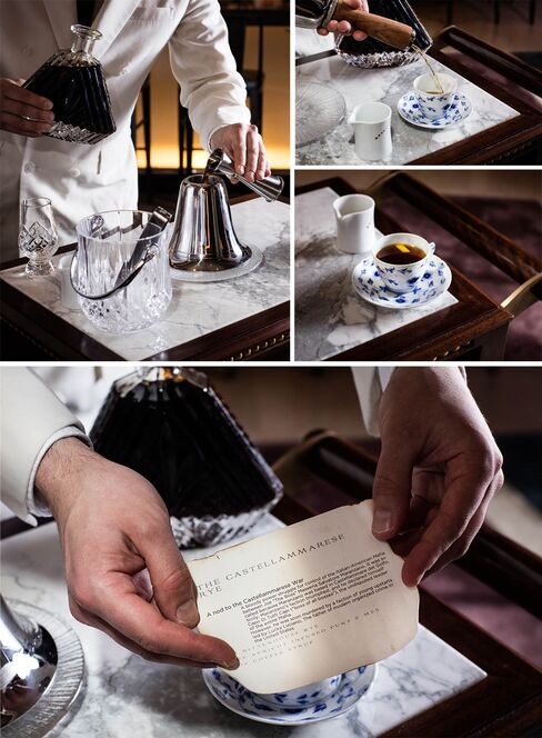 Tableside preparation and presentation of the Castellammarese Rye cocktail.