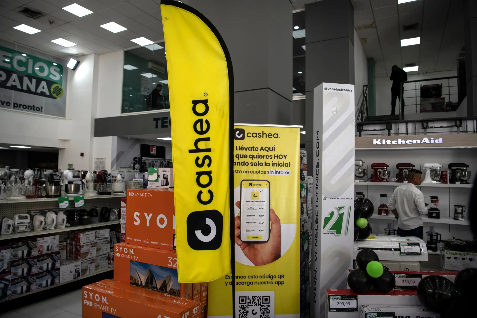Cashea banners displayed at the Venelectronics during Black Friday in Caracas.