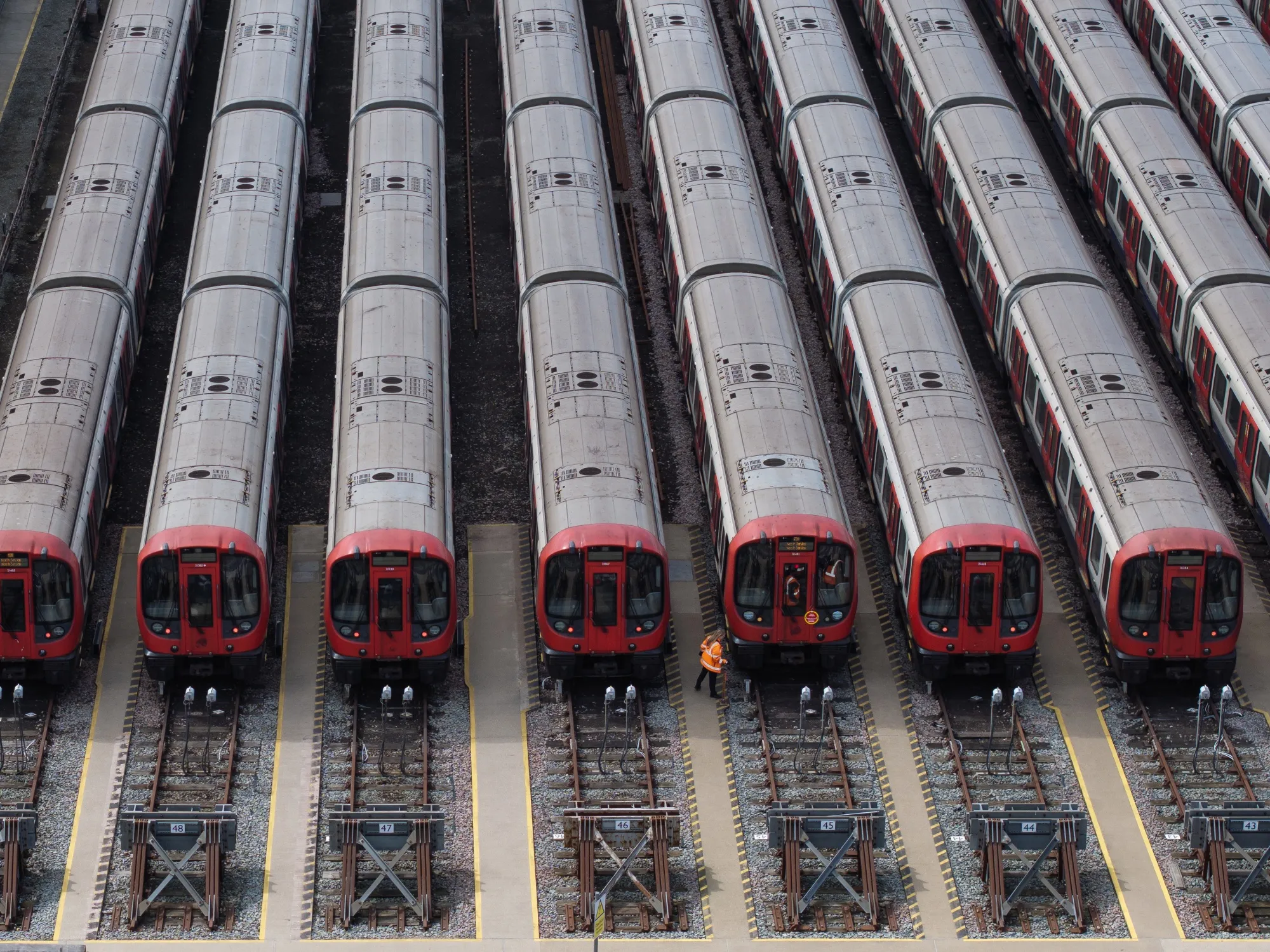 Tube trains stacked at Upminster rail depot in London, on April 21.
