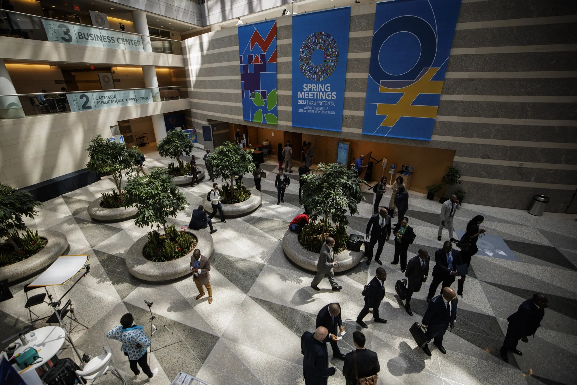 An International Monetary Fund (IMF) and World Bank spring meetings sign inside the IMF headquarters in Washington, DC, US, on Tuesday, April 11, 2023.