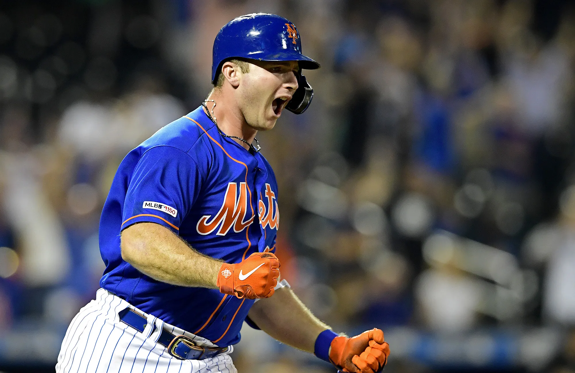 Pete Alonso of the Mets celebrates his game-winning home run against the Miami Marlins on Aug. 5.
