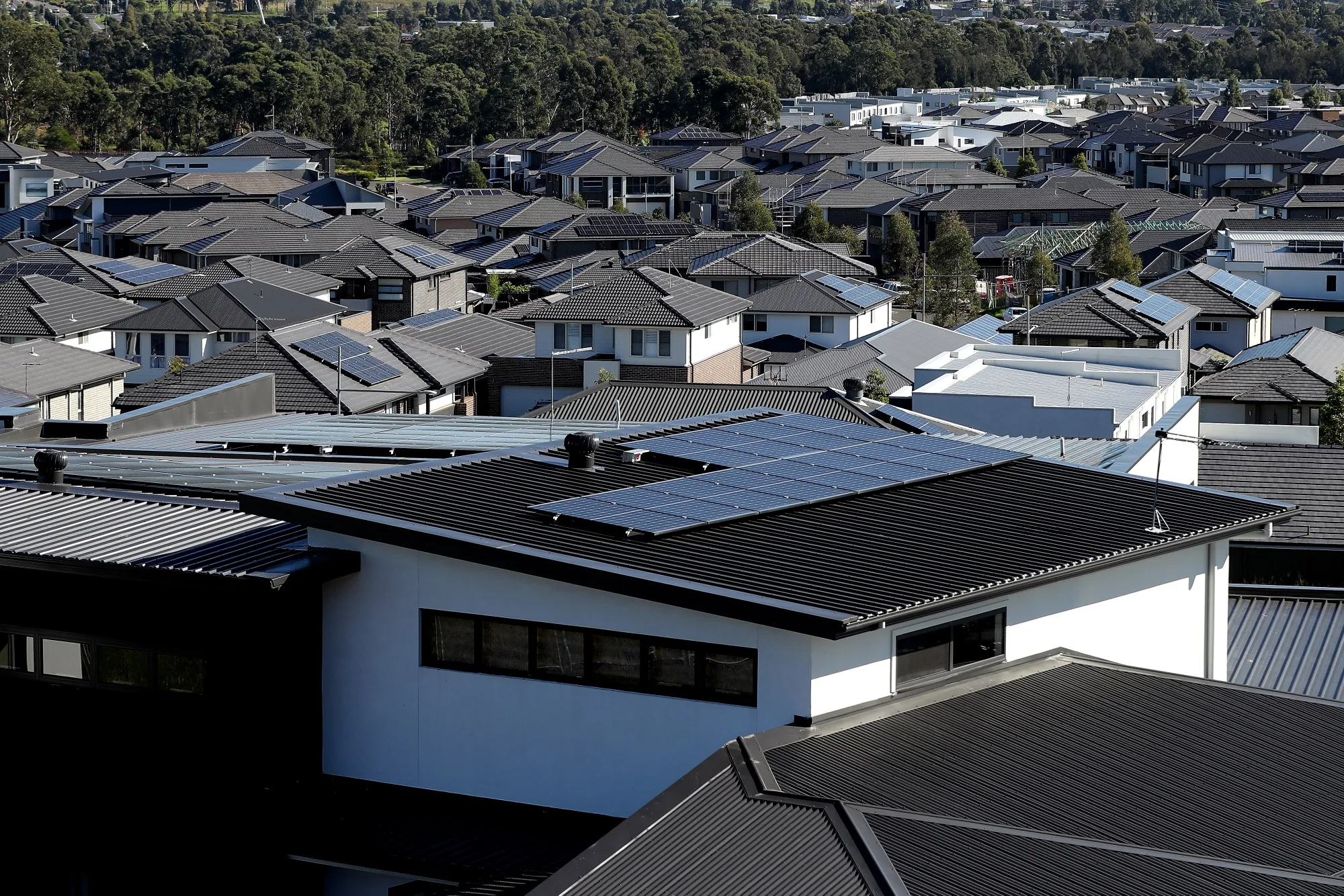 A solar array on a newly built home in the Denham Court suburb of Sydney, Australia.