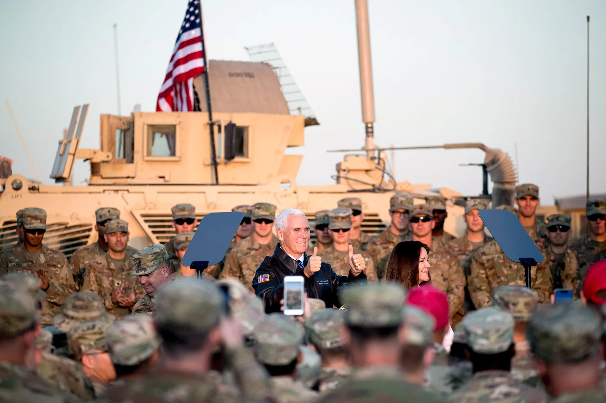 Mike Pence and his wife Karen Pence arrive to speak to troops at Erbil International Airport in Erbil, Iraq,&nbsp;Nov. 23.