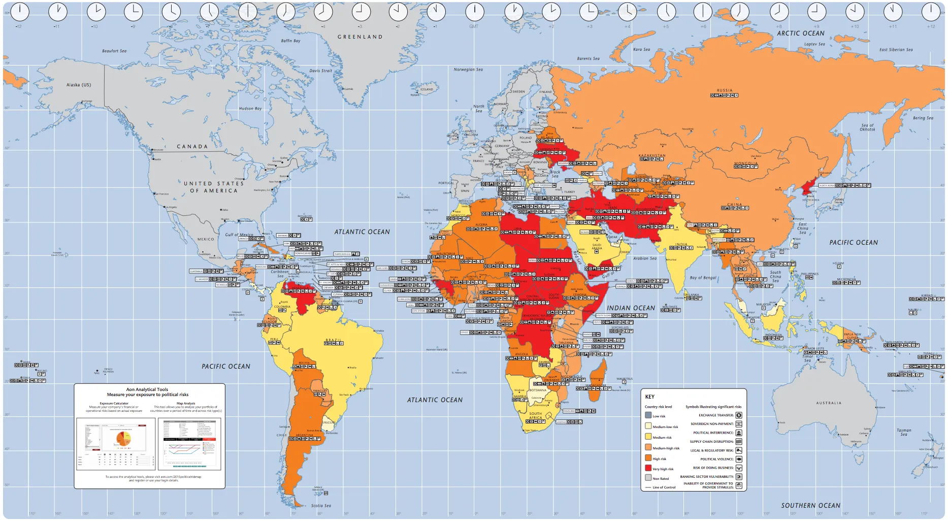 The map shows levels of geopolitical risk in developing nations. Yellow indicates medium risk, orange high, and red very high risk. Developed nations are not rated.
