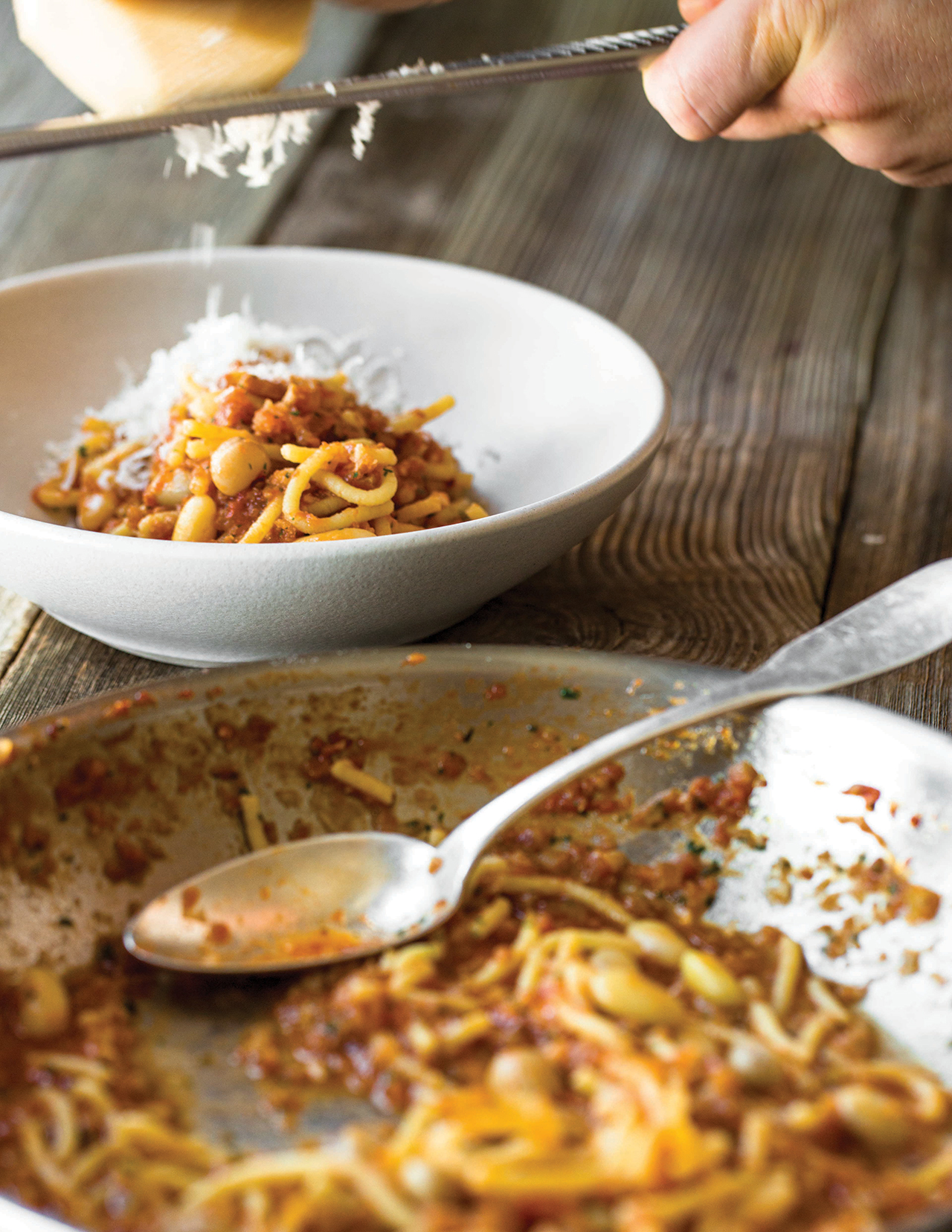 Pasta with tomato sauce enriched with pork and beans, from chef Thomas McNaughton's new cookbook &quot;Flour and Water: Pasta&quot; Image: © 2014 by Eric Wolfinger
