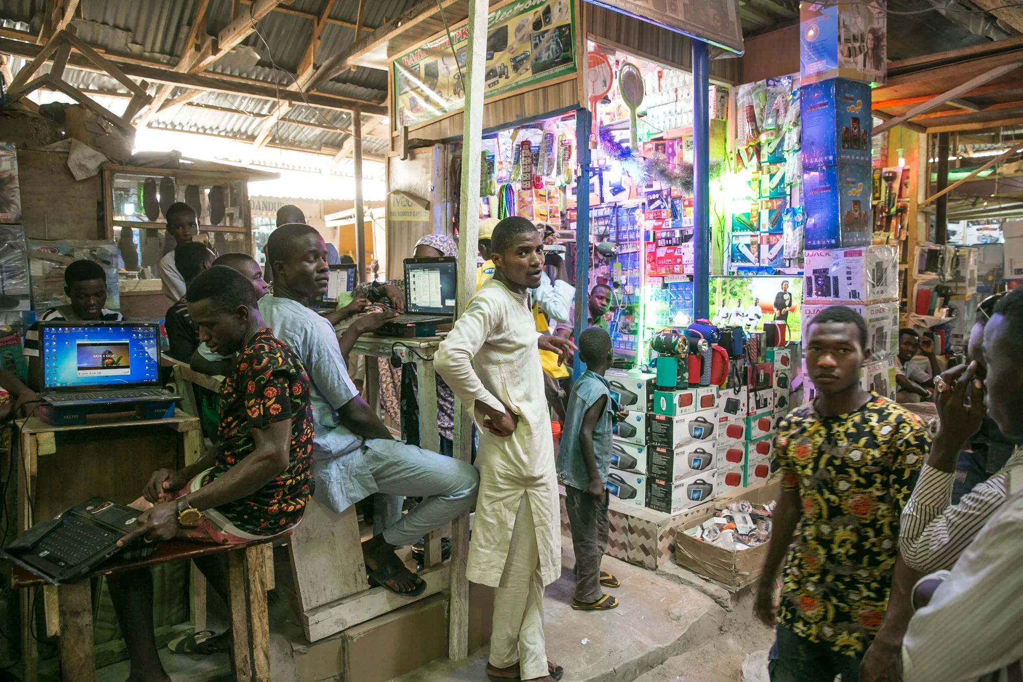 A vendor displays electronic goods for sale at a kiosk in Maiduguri, Nigeria.