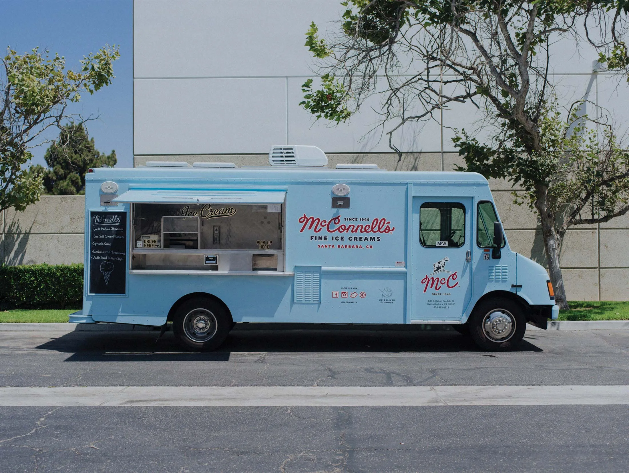 “Big Blue,” which McConnell’s uses to cater special events, sits outside the new dairy in Oxnard, Calif. The headquarters remain in Santa Barbara.