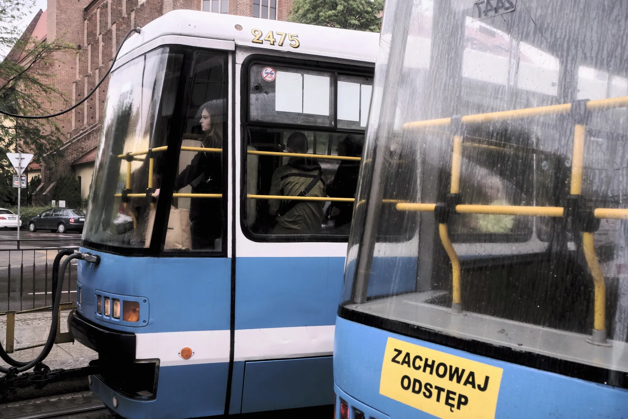 Commuters travel by tram during morning rush hour in Wroclaw, Poland, in June 2022.