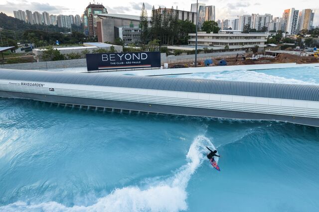 A surfer rides a wave at Beyond The Club. 