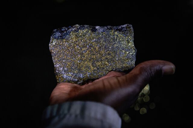 A chunk of copper ore blasted from the underground rockface, containing more than 2% of the metal.