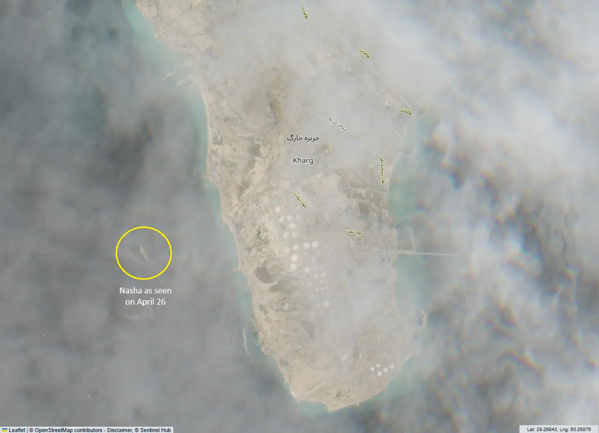 The vessel seen in this satellite image taken on April 26 in the lower-left corner of Kharg Island has been identified as Nasha by United Against Nuclear Iran.