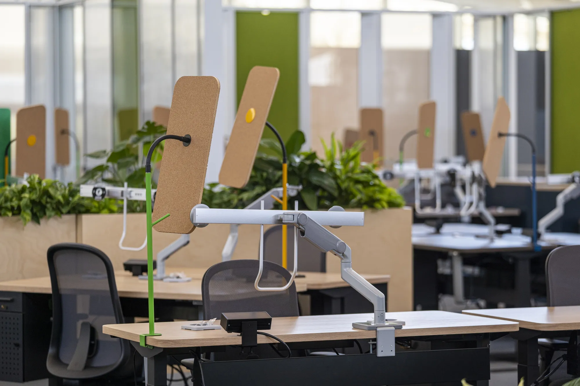 Desks inside Google's new Bay View campus in Mountain View, California, US, on Monday, May 16, 2022. On Monday Google opened its newest campus near the San Francisco Bay shoreline a few miles east of its headquarters in Mountain View.