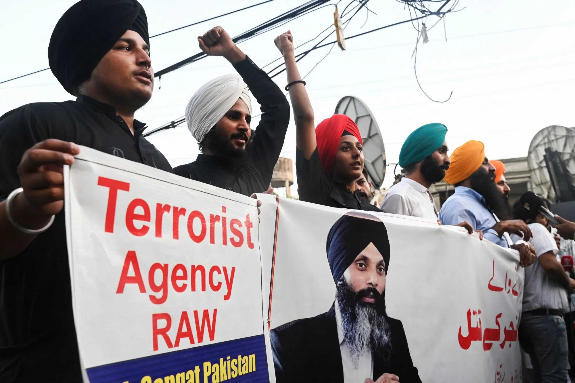 Members of Pakistan’s Sikh community protest following the killing in Canada of Sikh leader Hardeep Singh Nijjar, in Lahore in September 2023.