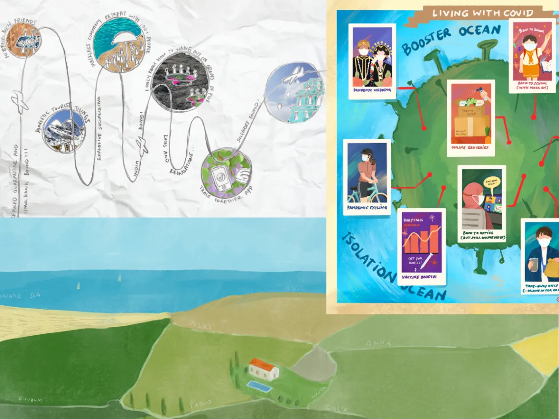 Clockwise from top left: Maps by&nbsp;readers Tiara Lui,&nbsp;Nabilla Nur Anisah and&nbsp;Alfonso Pezzi depict life in the third year of the Covid-19 pandemic.&nbsp;