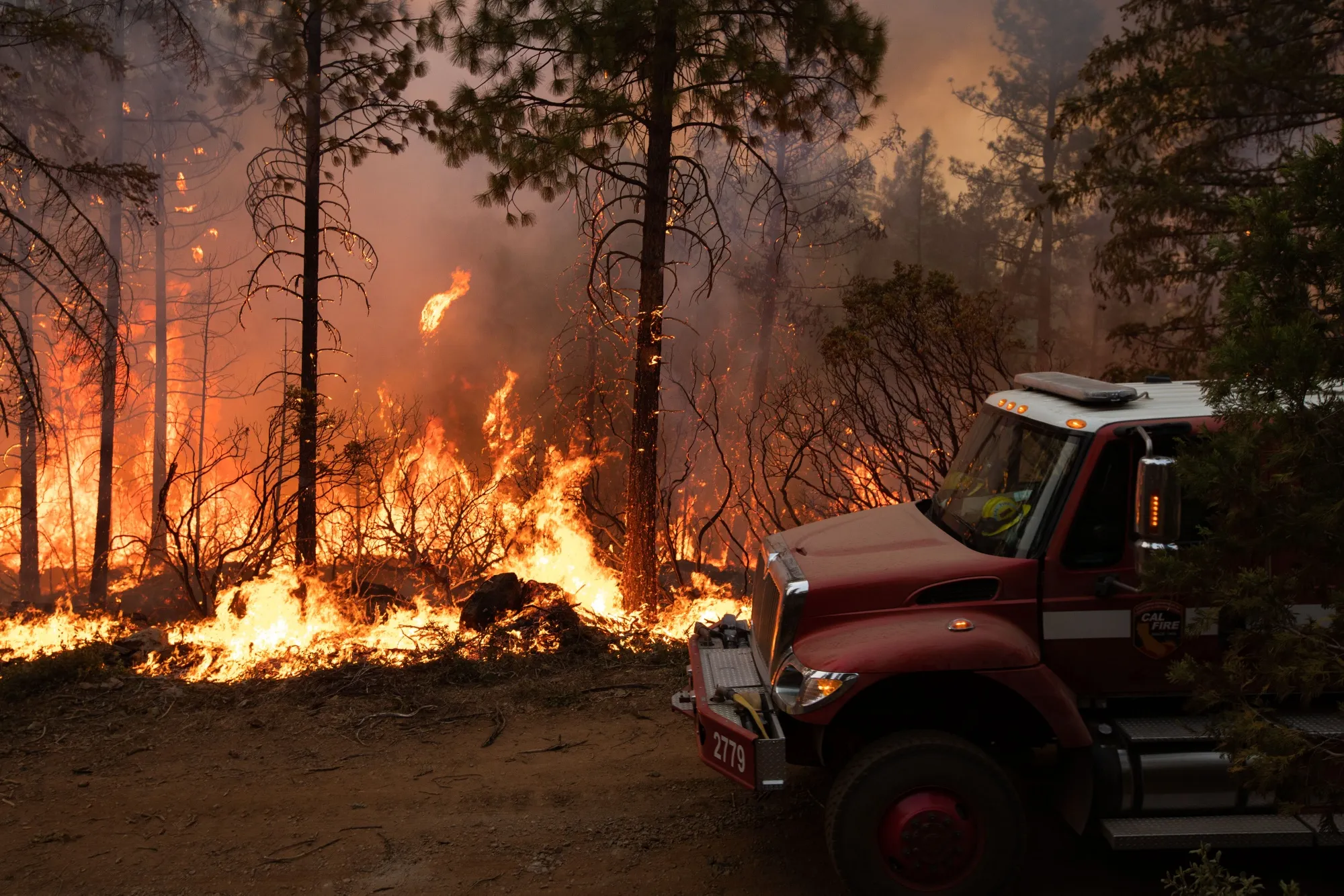 A fire truck passes a backfire operation during the Mosquito fire near Volcanoville, California, US,