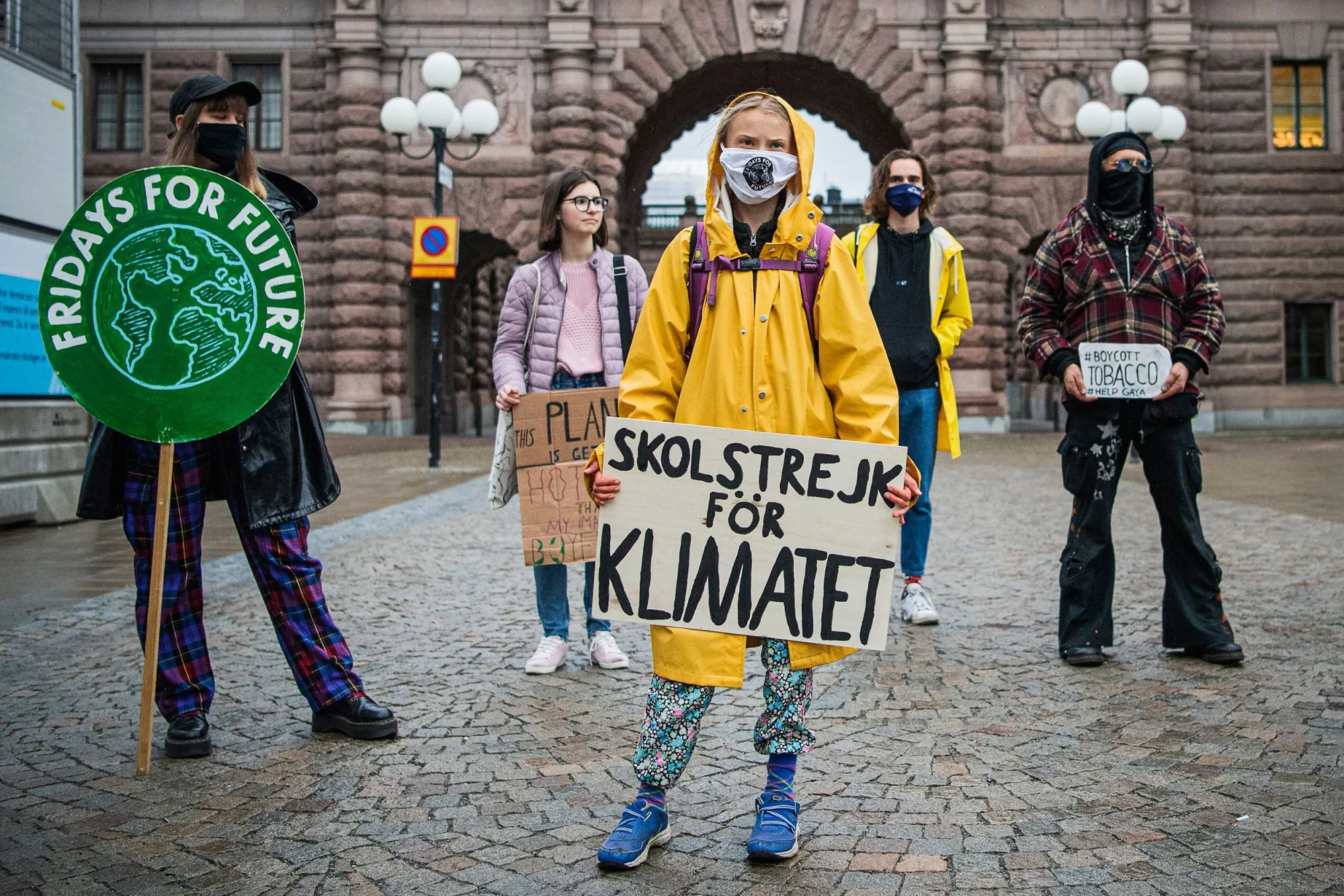 Greta Thunberg and other demonstrators outside the Swedish Parliament in Stockholm in 2020.