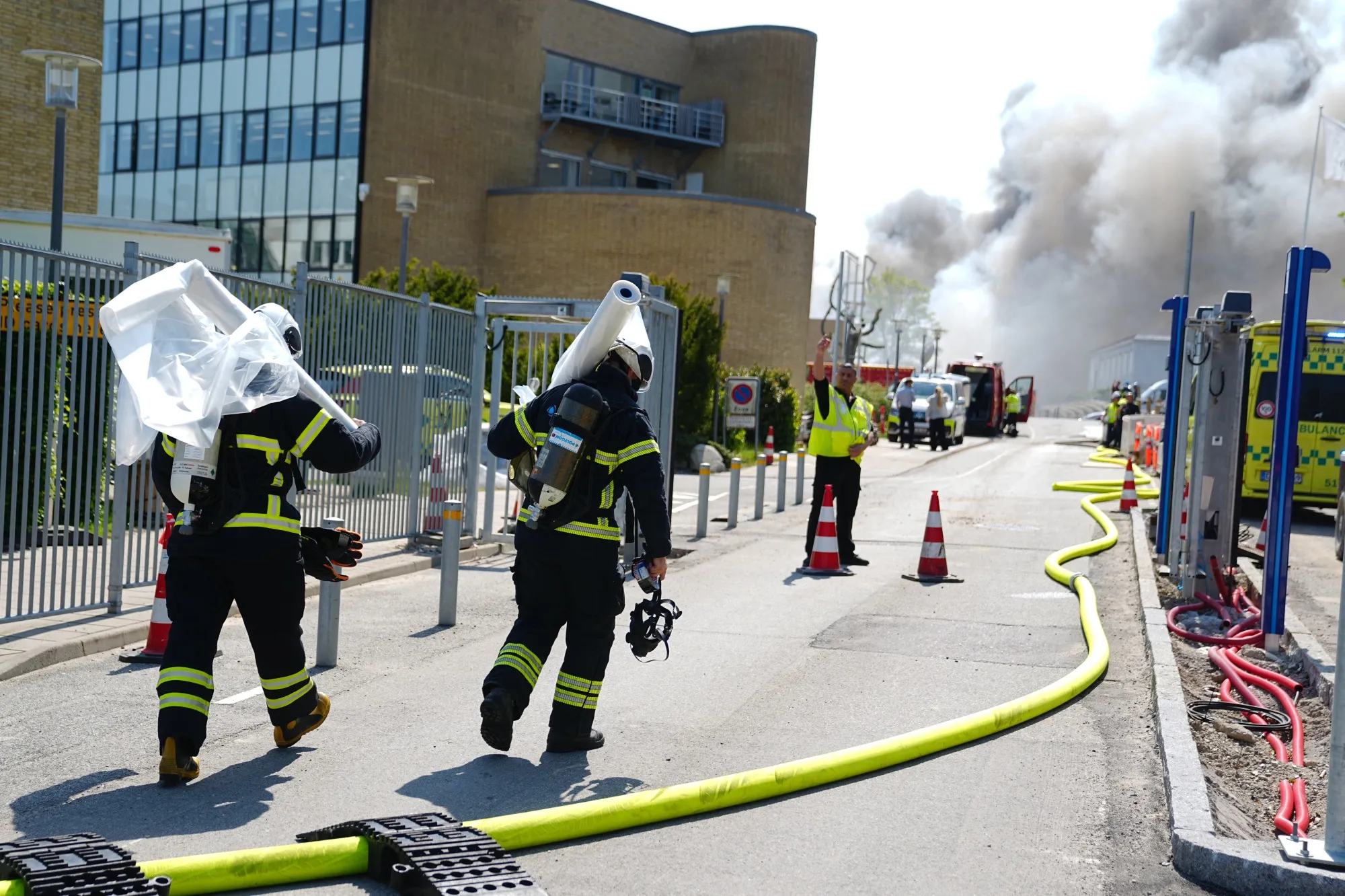 Firefighters at the scene of a blaze at the Novo Nordisk headquarters in Bagsvaerd, Denmark, on May 22.