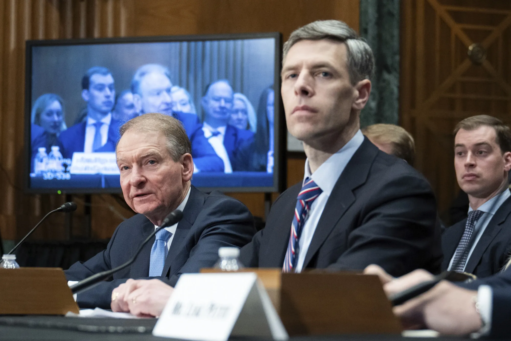 Paul Atkins and&nbsp;Jonathan Gould&nbsp;during a Senate Banking, Housing, and Urban Affairs Committee confirmation hearing in Washington, DC, on&nbsp;March 27.