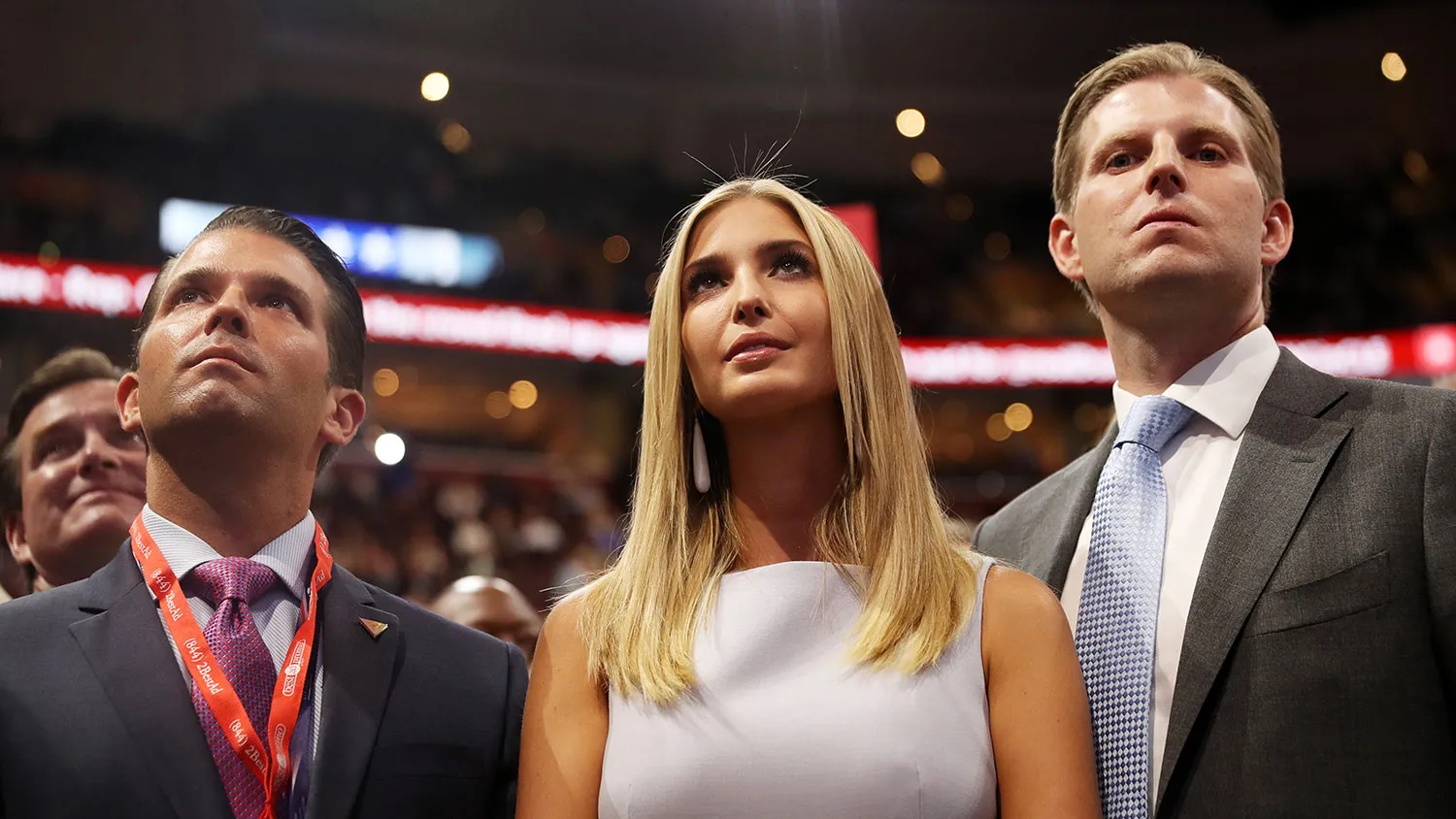 Donald Trump Jr. (left), Ivanka Trump, and Eric Trump take part in the roll call on the second day of the Republican National Convention on July 19, 2016, at the Quicken Loans Arena in Cleveland.
