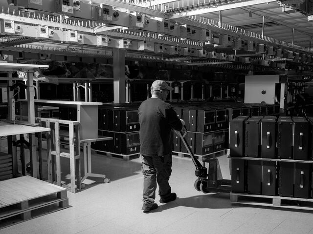 Voting machines stacked inside Clear Ballot’s manufacturing facility in New Hampshire.