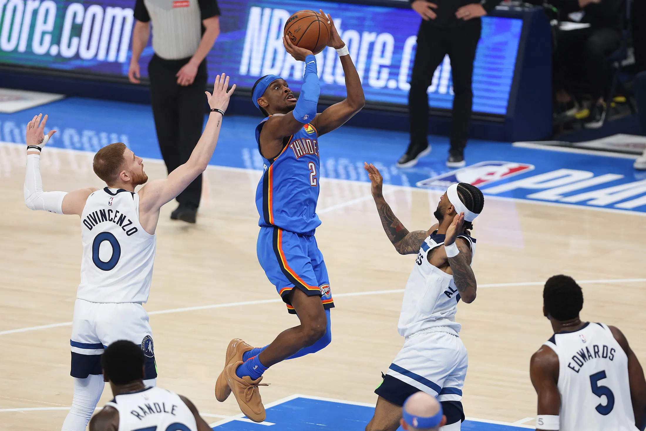 Shai Gilgeous-Alexander of the Oklahoma City Thunder drives to the basket during Game Five of the NBA Western Conference Finals.