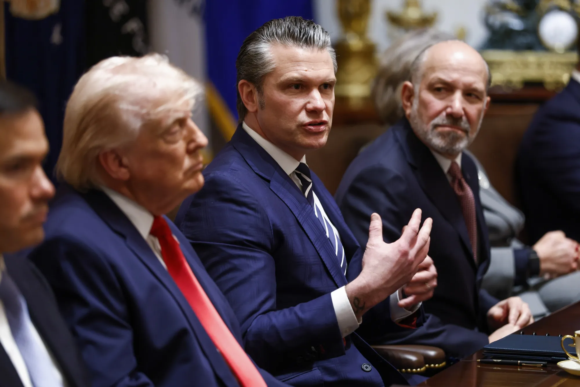 Marco Rubio, US secretary of state, from left, US President Donald Trump, Pete Hegseth, US secretary of defense, and Howard Lutnick, US commerce secretary, during a cabinet meeting at the White House in Washington, DC, US.