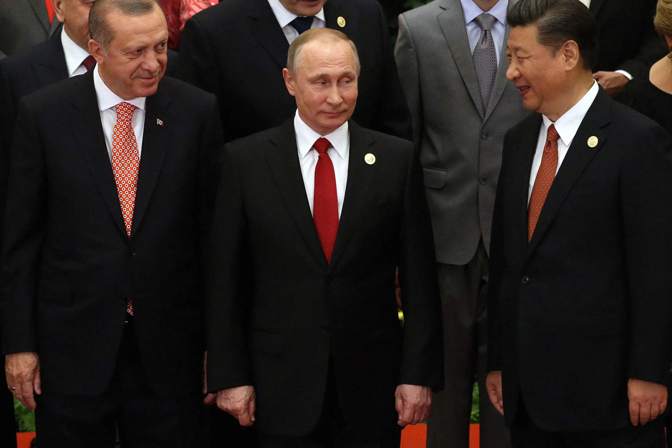 Turkish President Recep Tayyip Erdogan, Russian President Vladimir Putin, and Chinese President Xi Jinping at the Second Belt and Road Forum for International Cooperation,&nbsp;in Beijing in 2017.
