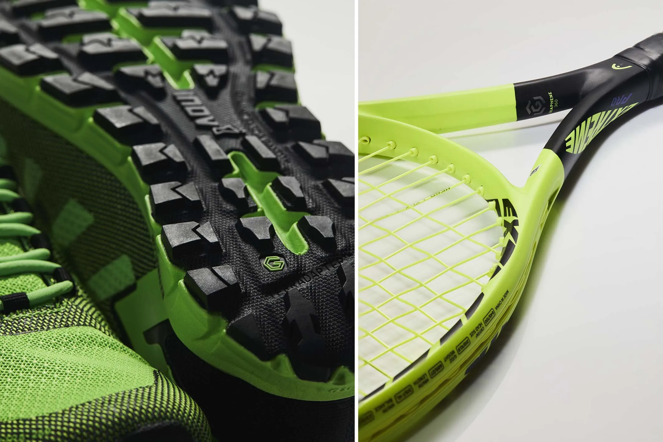 Inov-8 sneakers&nbsp;with graphene soles (left)&nbsp;and Head’s Graphene 360 Extreme series of tennis rackets.