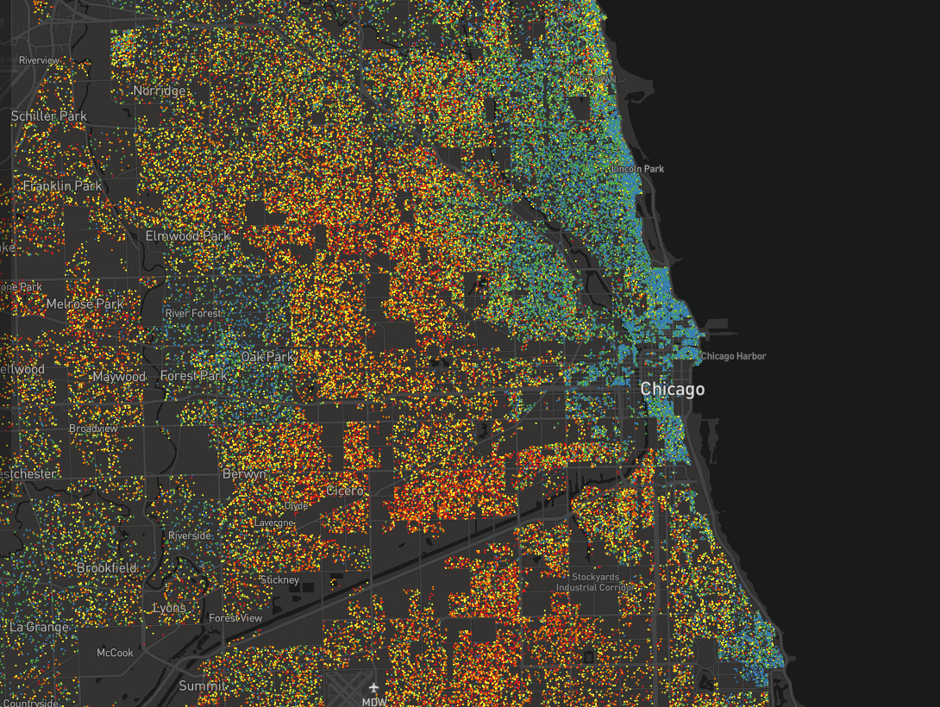 A dot map of educational attainment in Chicago.