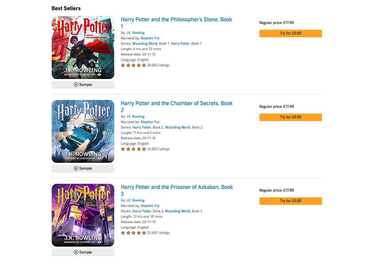 Harry Potter audiobooks on the Audible website.