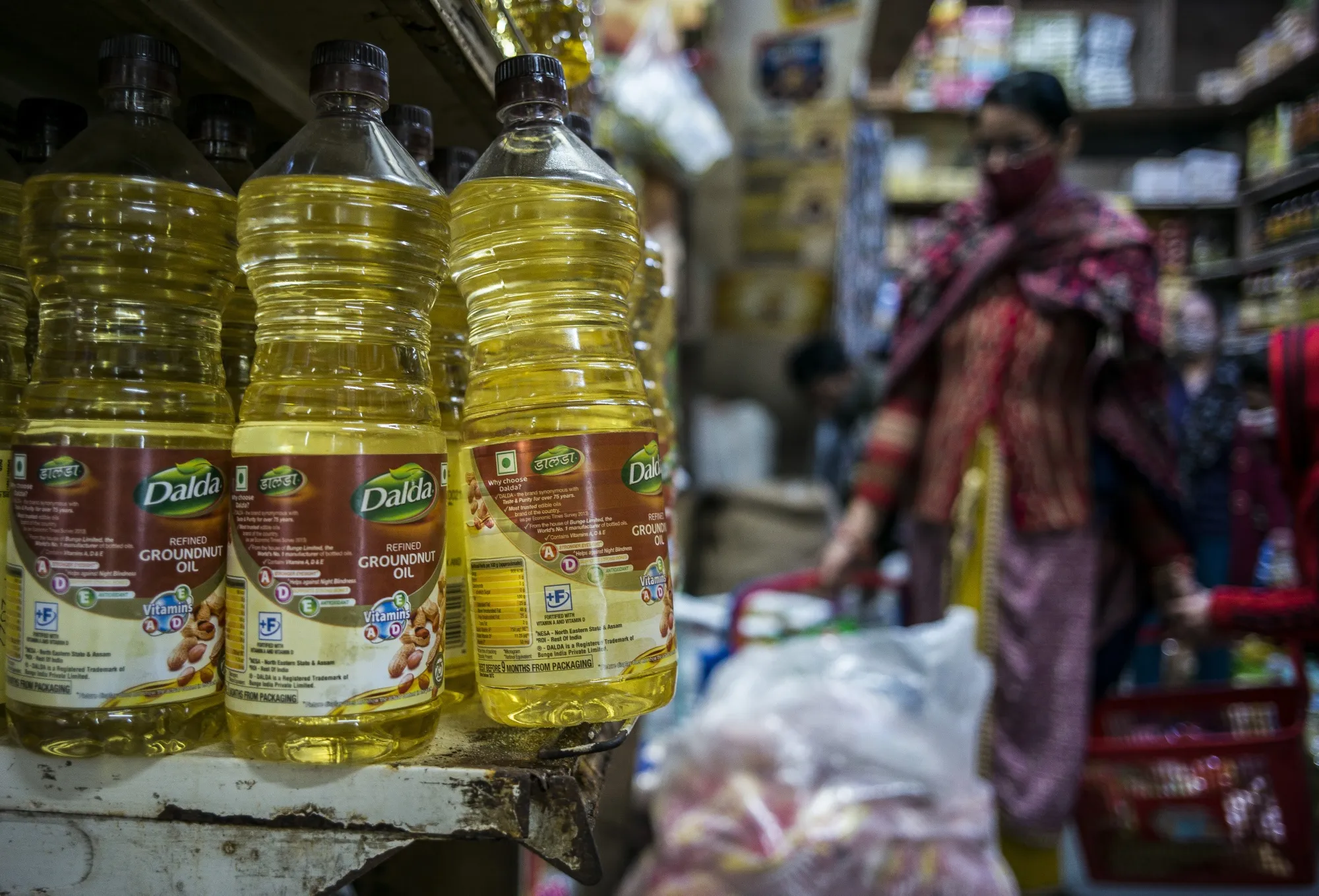 Bottles of cooking oil at a store in New Delhi.