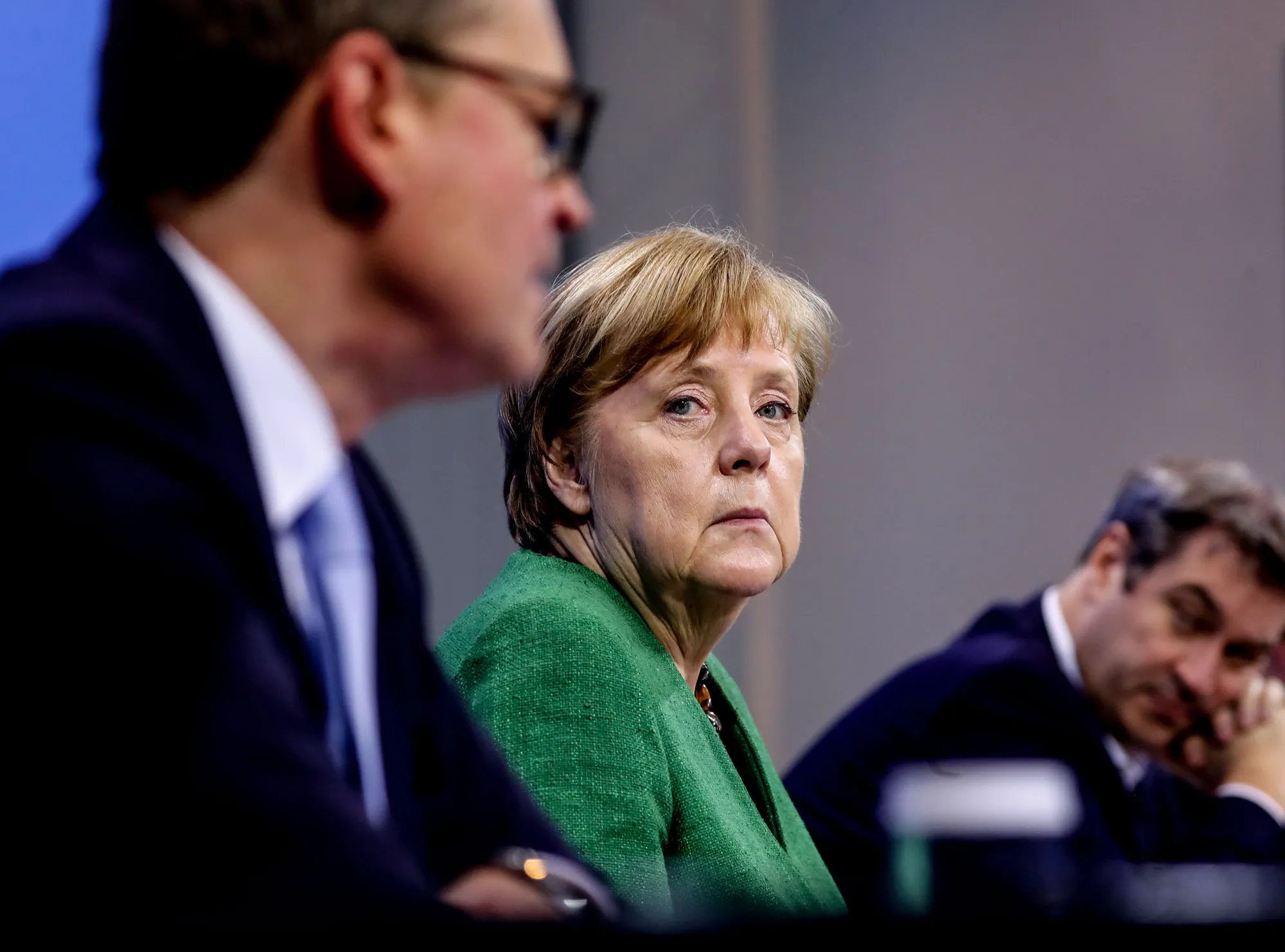 Angela Merkel attends a vaccination strategy video conference in Berlin on March 22.