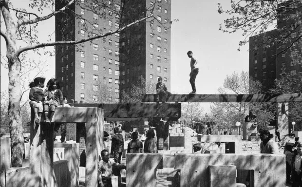 Children climb on sculpture-like structures in this New York City landscape playground, designed by M. Paul Friedberg, in 1966.