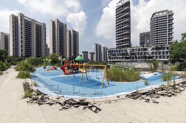 A deserted playground in front of residential buildings at the Legend of Sea project, co-developed by Country Garden Holdings Co. in Ningbo, China in August 2023.
