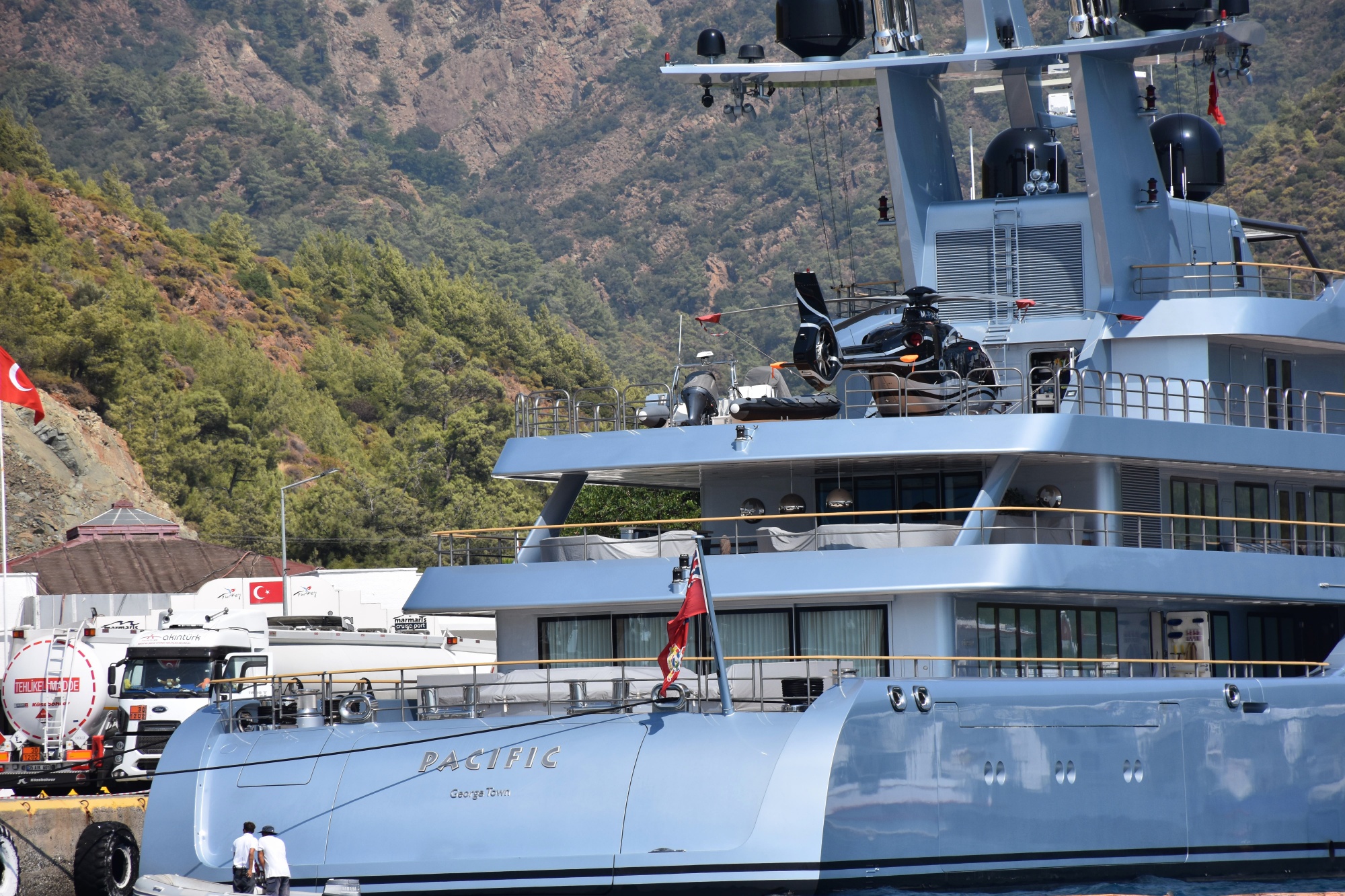 Luxury suuperyacht ‘Pacific’ at Cruise Port Harbour in Marmaris, Turkey, in 2020. 