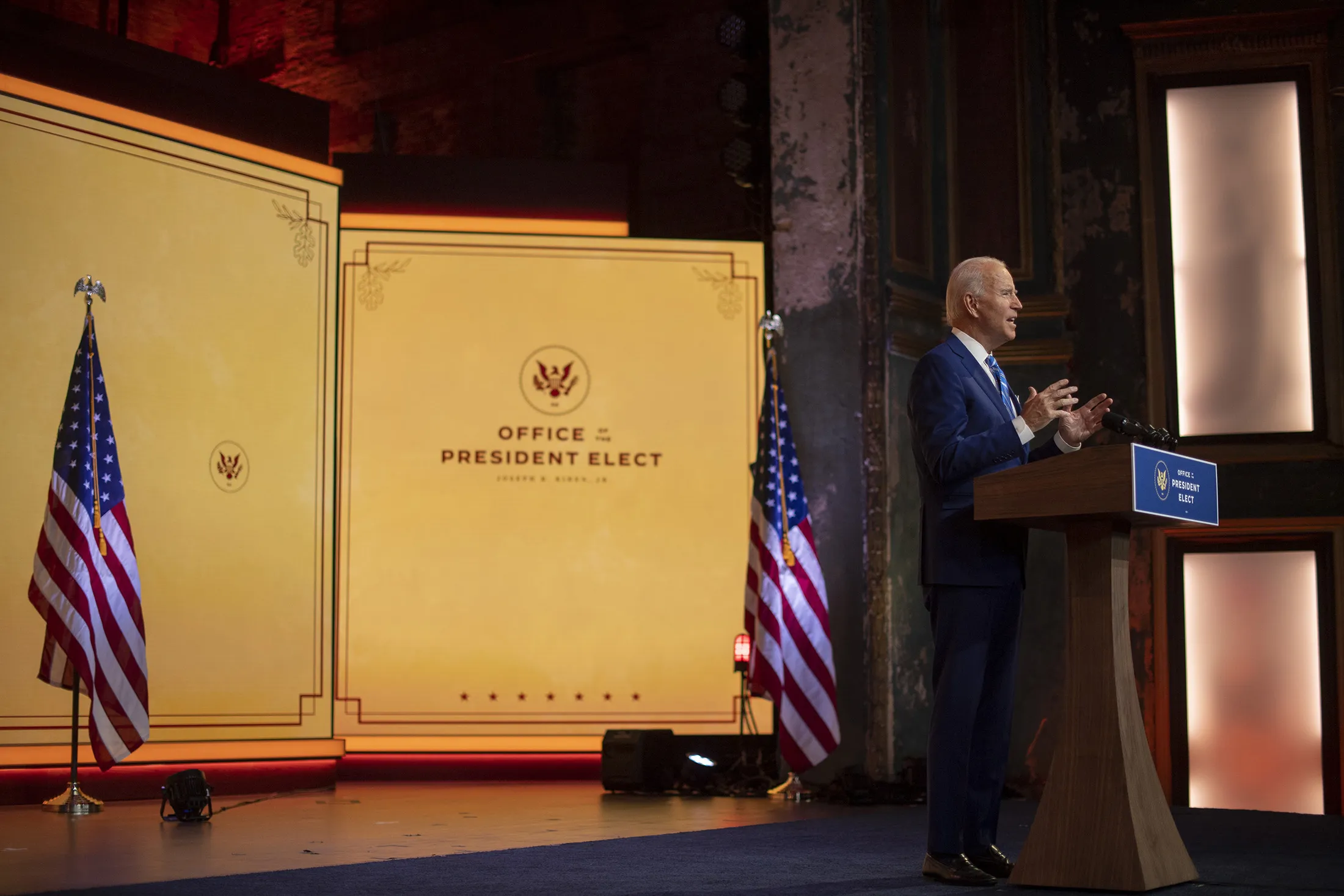 Joe Biden delivers a Thanksgiving address at the Queen Theatre in Wilmington, Delaware on Nov. 25.