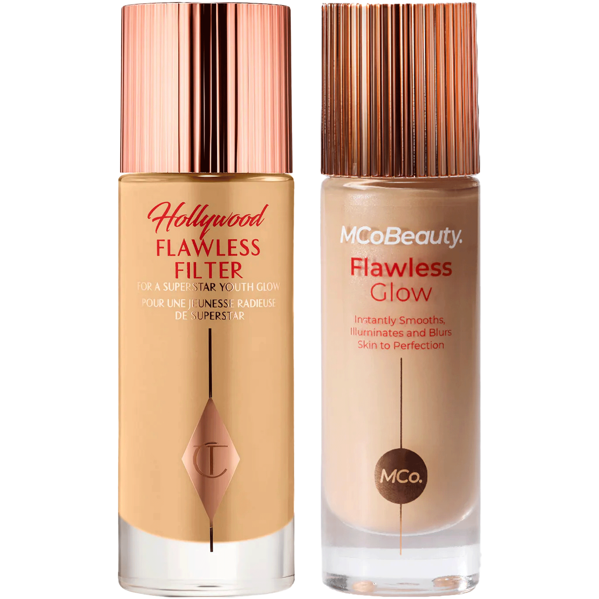 A bottle of Charlotte Tilbury’s Hollywood Flawless Filter next to a bottle of MCo’s Flawless Glow Filter