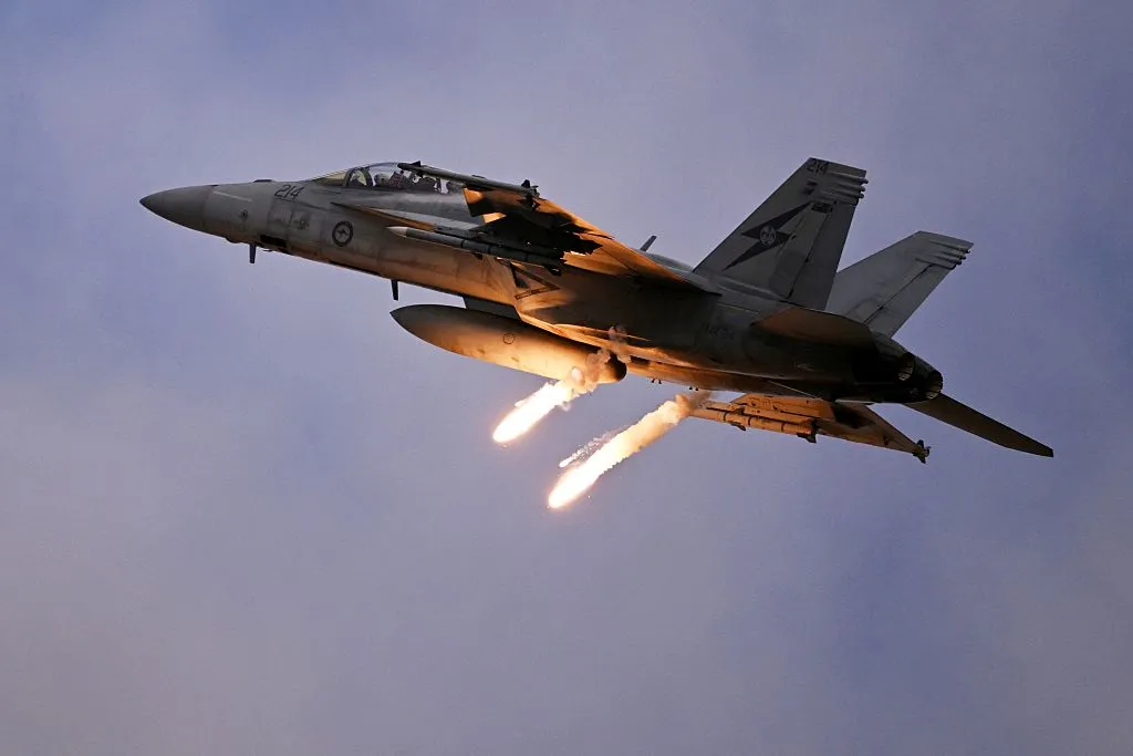 A Royal Australian Air Force&nbsp;EA-18G Growler fires flares during a display at the Australian International Airshow.&nbsp;